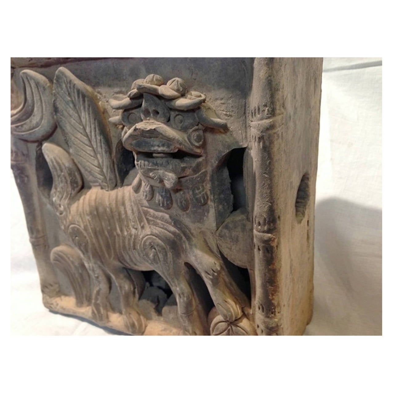 Hand-Carved 19th Century Chinese Antique Brick Foo Dog For Sale
