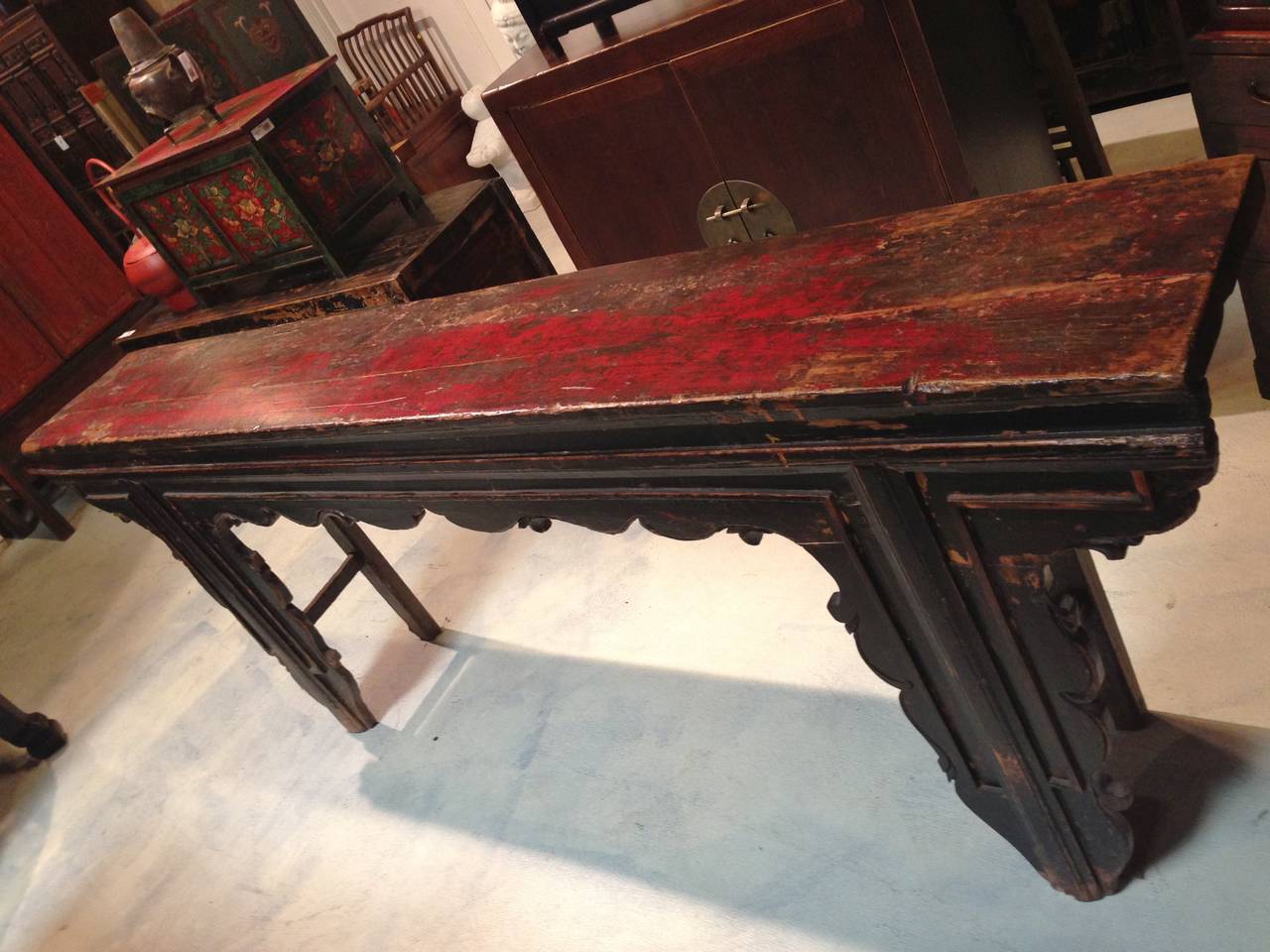 Hand-Carved Chinese Antique Narrow Console Table Black and Red