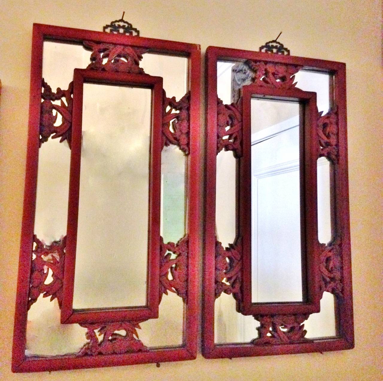 Hand-Carved Pair of Red Lacquered Mirrors with Antique Chinese Screens