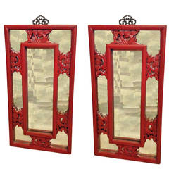 Pair of Red Lacquered Mirrors with Antique Chinese Screens
