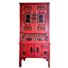 Finely Carved Chinese Antique Red Cabinet Gold Leaf, 19th Century