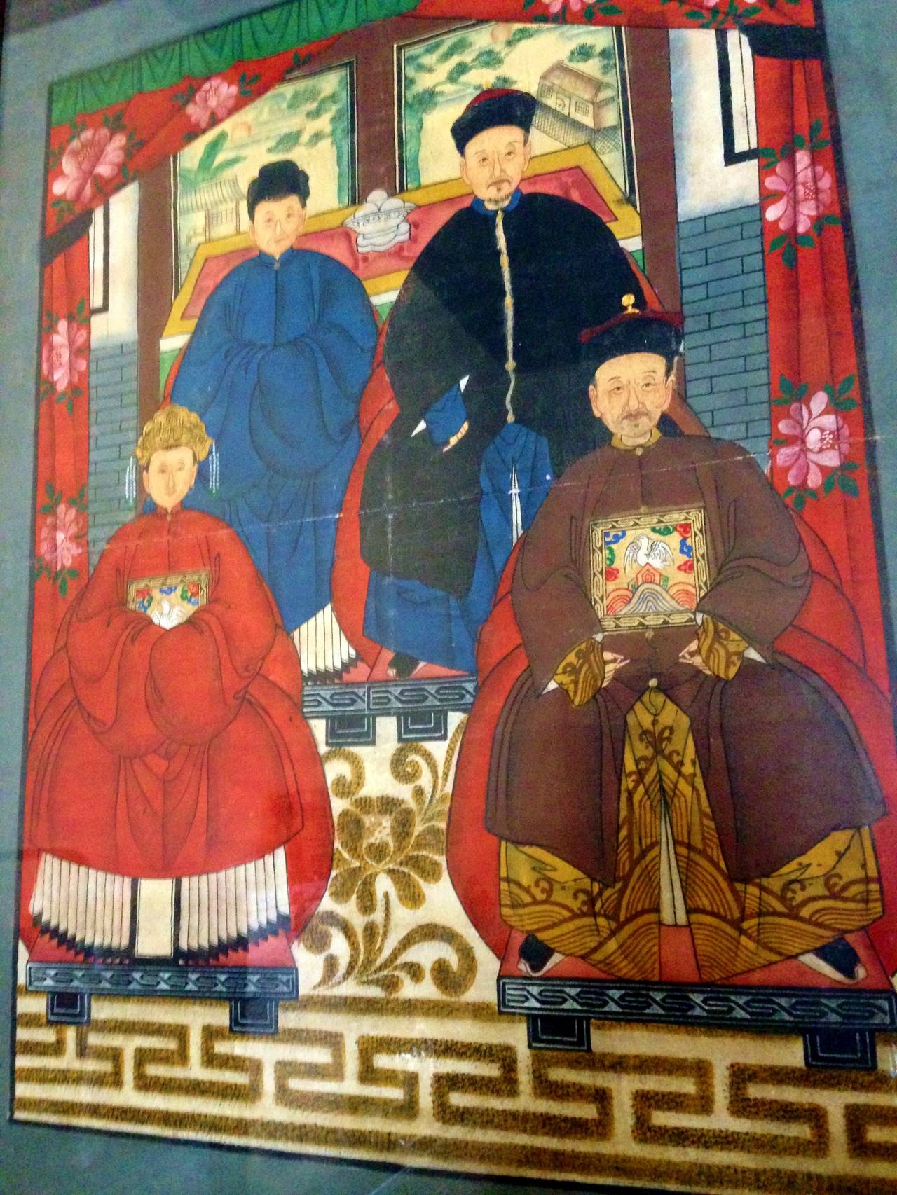 This is an authentic, NOT EXPORT, original, 19th century Chinese family portrait that is hand painted on canvas, colored using natural ingredients, such as lapis and saffron. Genuine lapis lazuli stone was grounded to generate the gorgeous blue