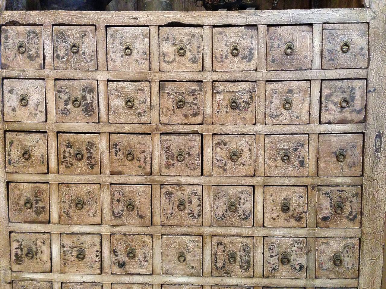 Hand-Carved White Crackle Apothecary Chest, 19th Century Chinese For Sale