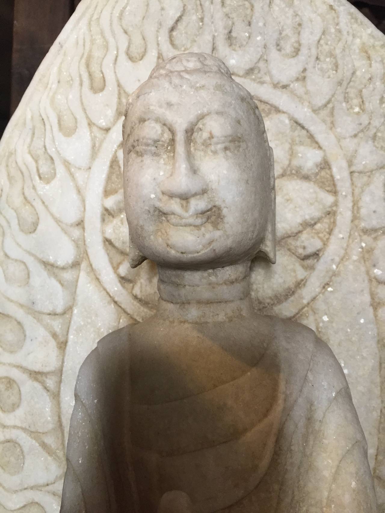 Hand-Carved Marble Buddha Holding a Pagoda
