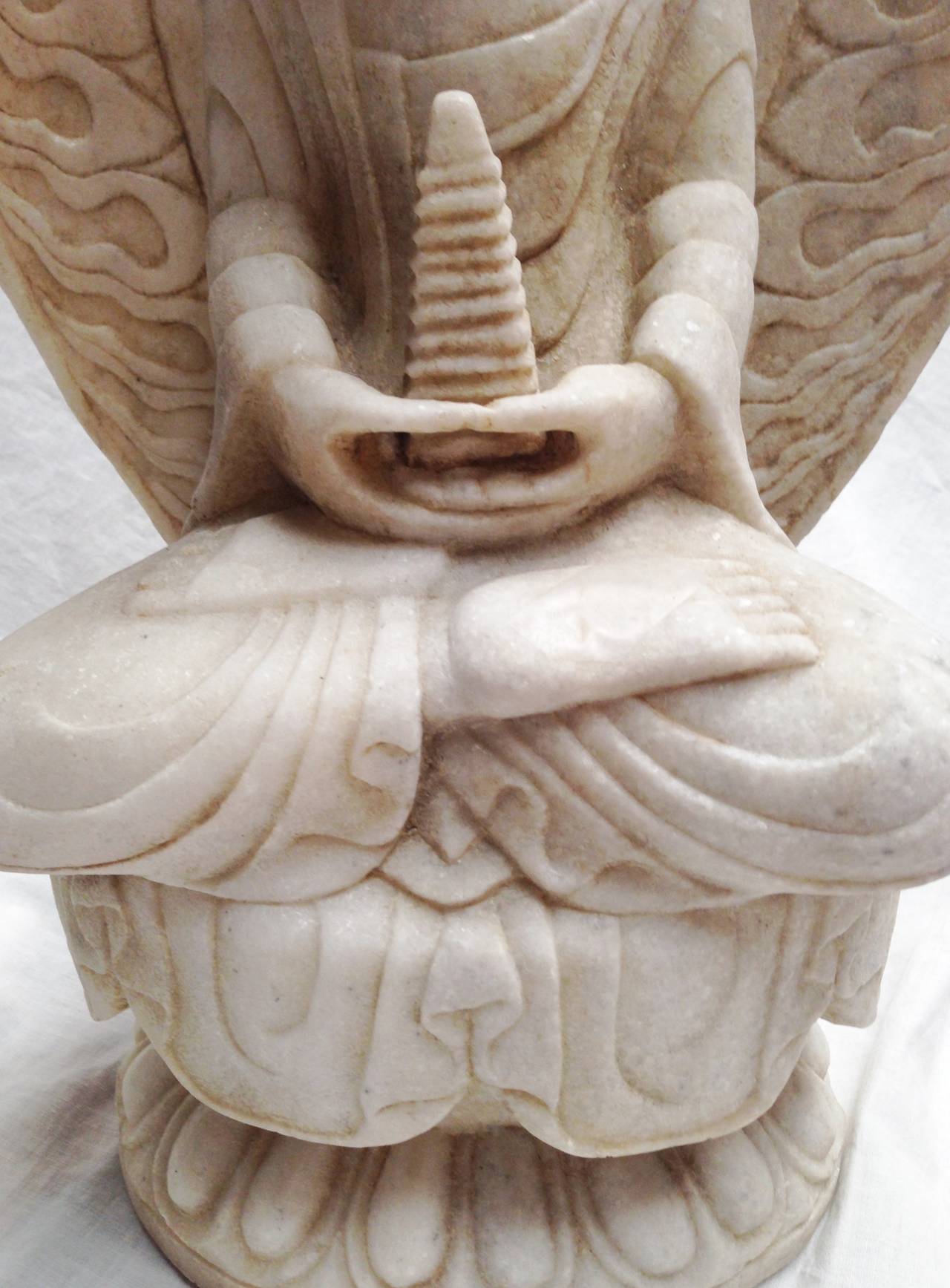 Chinese Marble Buddha Holding a Pagoda