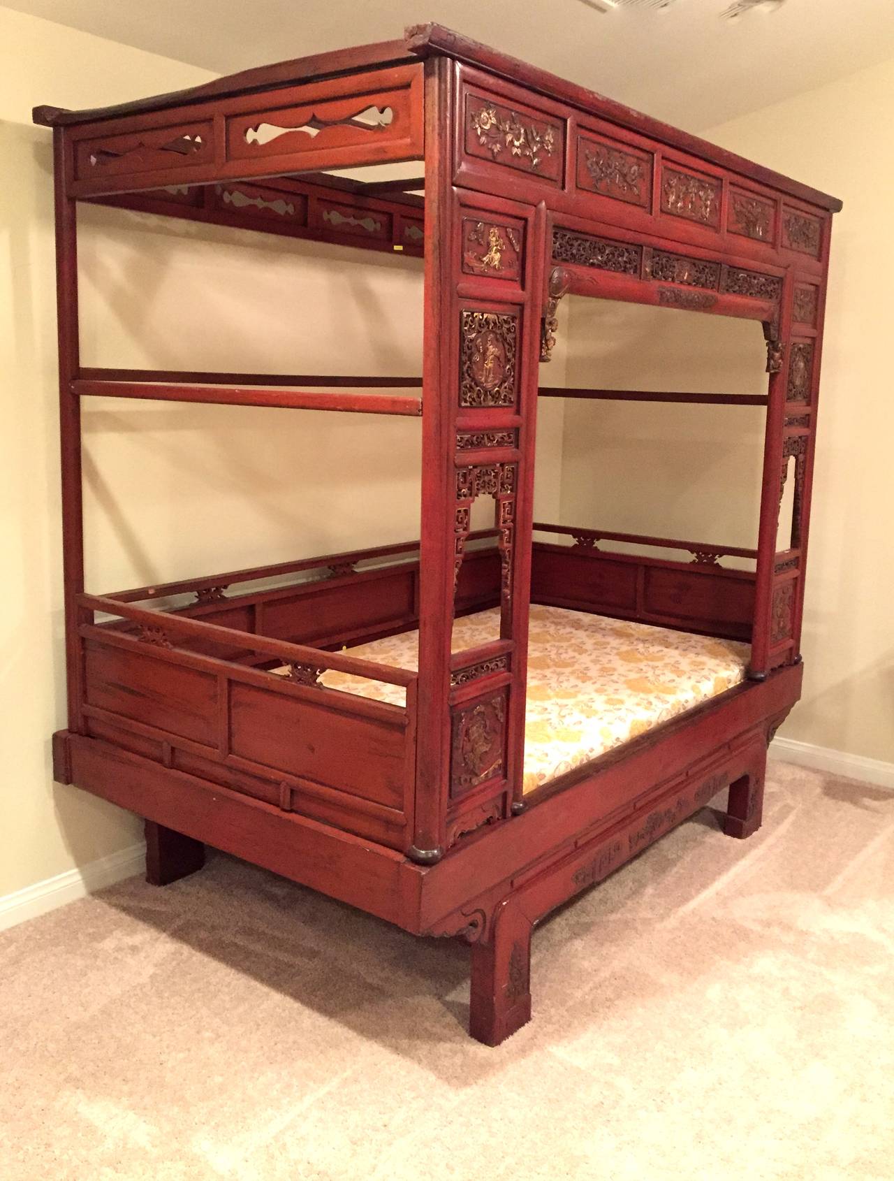 Words can not describe the beauty of this magnificent piece. 

In near perfect condition, this six-poster bed is true work of art. The whole structure uses no nails or glues. All posts and panels fit their custom slots as tenons and mortises.
