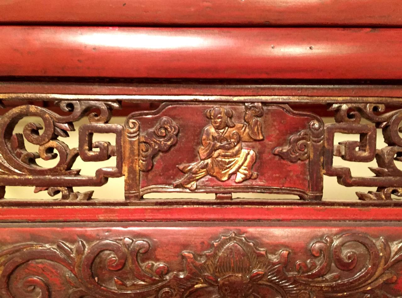 Spectacular Chinese Antique Red Lacquer Bed, 19th Century 3