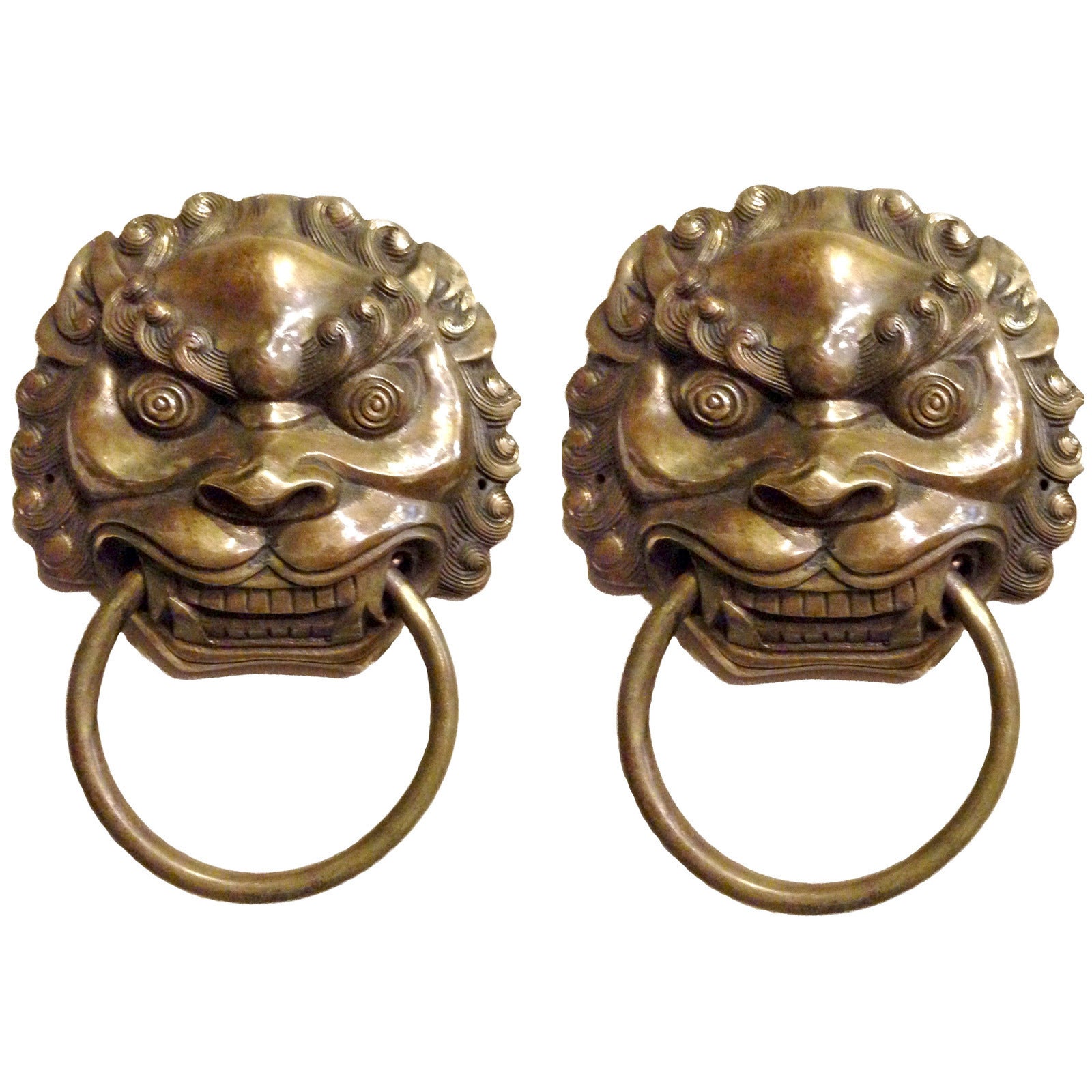 Pair of Large Chinese Brass Lion Door Knockers or Towel Rings