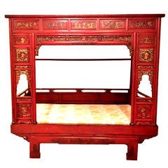 Spectacular Chinese Antique Red Lacquer Bed, 19th Century