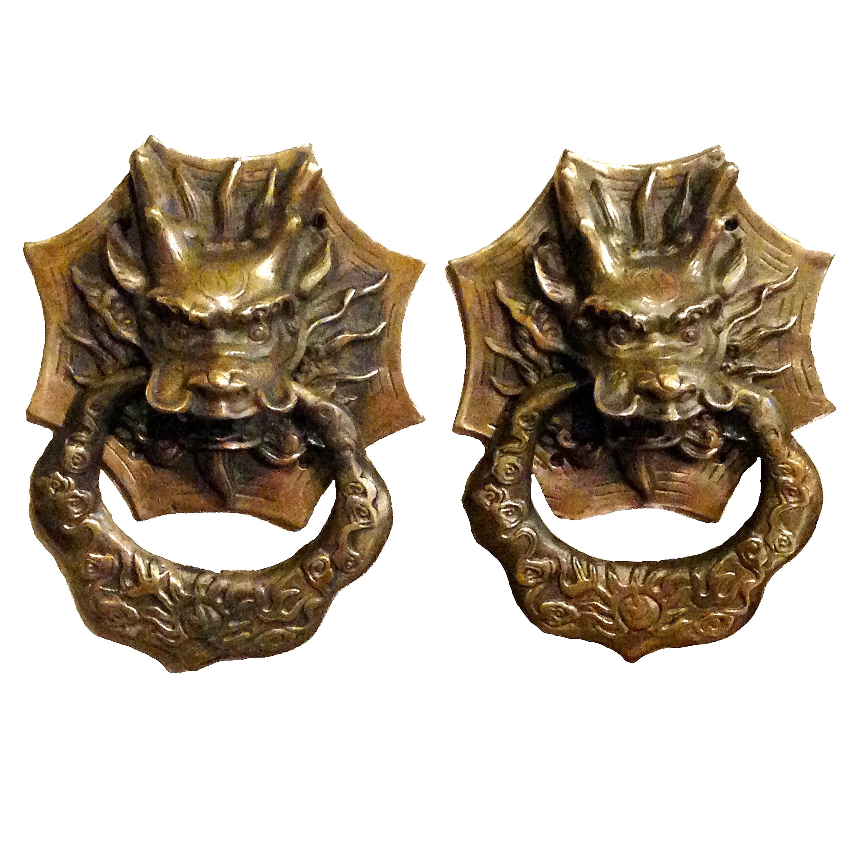 Pair of Brass Dragon Chinese Door Knockers or Towel Rings