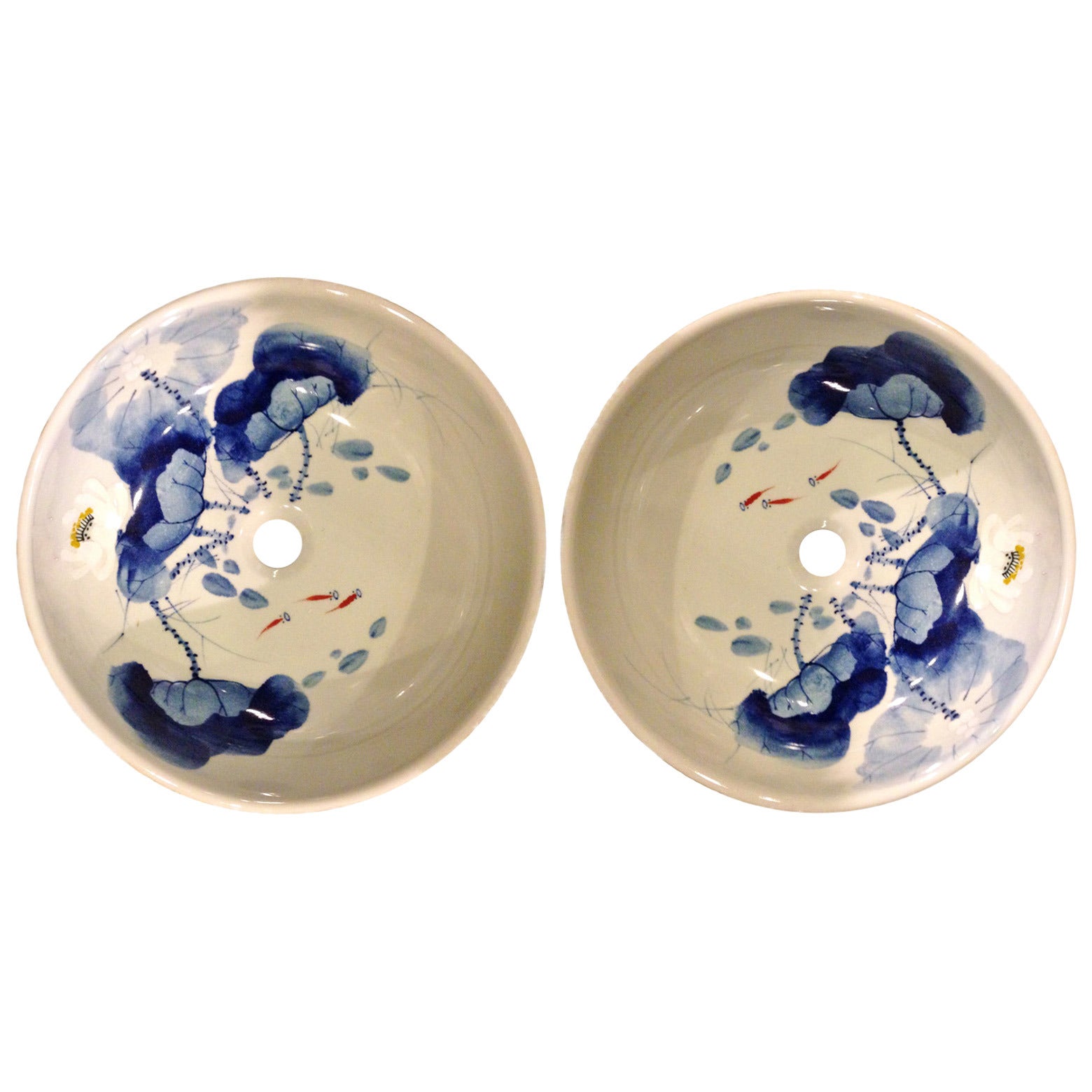 Pair Hand-Painted Chinese Blue and White Porcelain Sinks or Planters For Sale