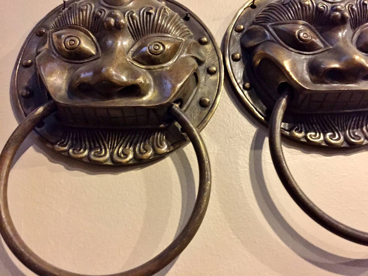 Chinese Brass Door Knockers, Towel Rings, Pair, Large In Excellent Condition For Sale In SOMIS, CA