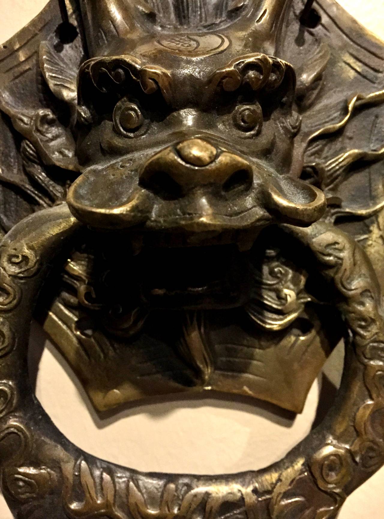 Pair of Brass Dragon Chinese Door Knockers or Towel Rings In Excellent Condition In SOMIS, CA