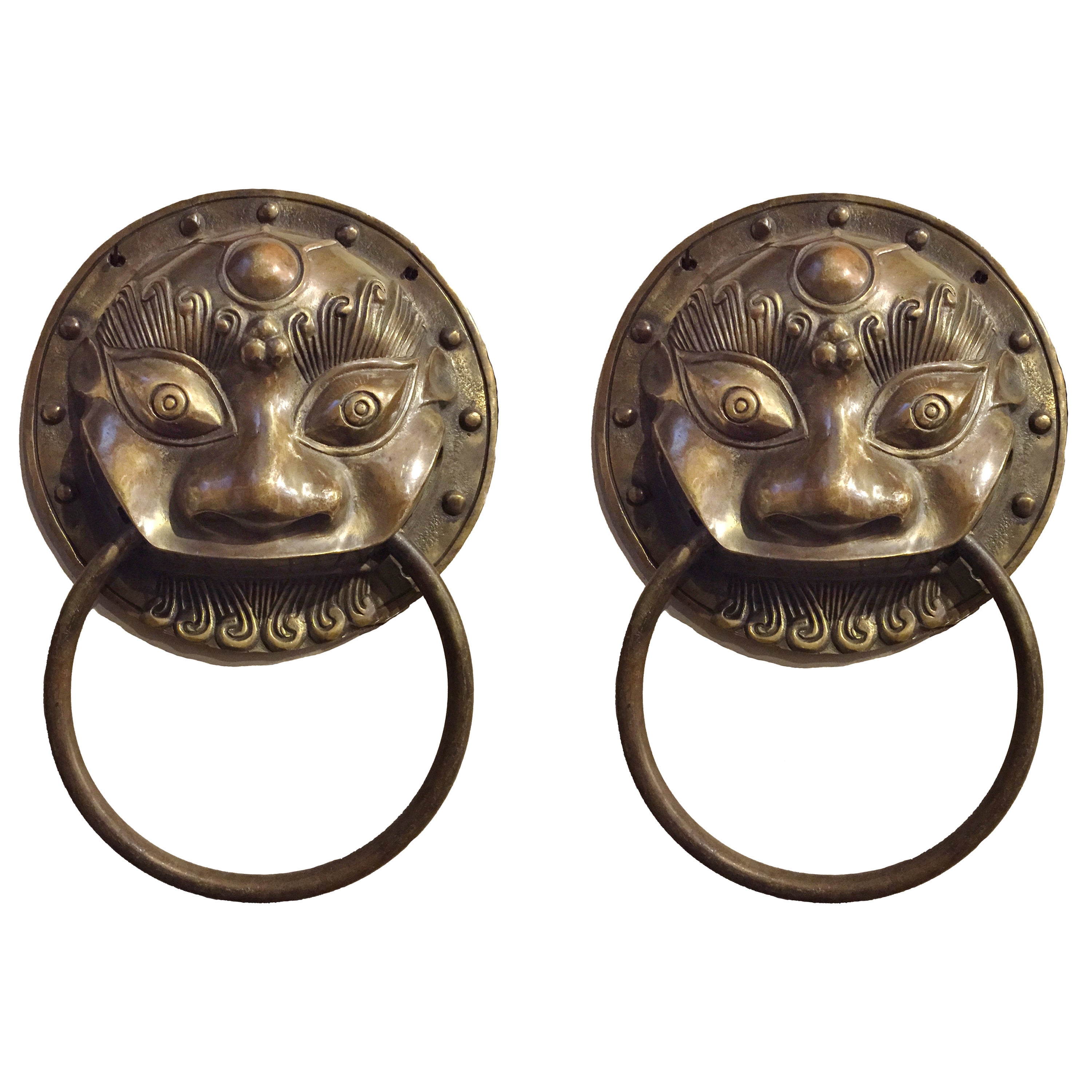 Chinese Brass Door Knockers, Towel Rings, Pair, Large For Sale