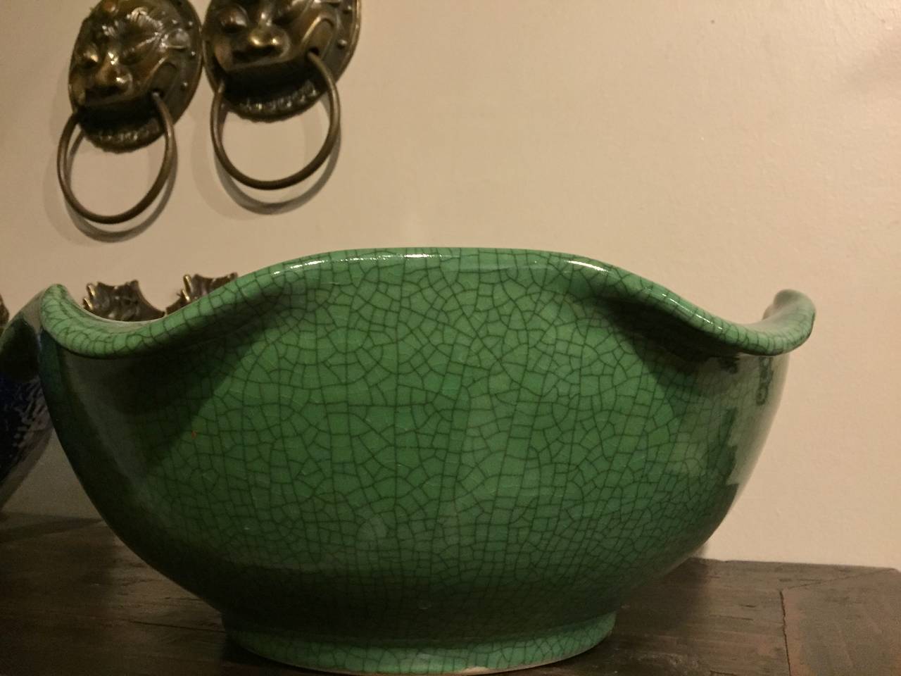 Chinese Ceramic Sink or Planter, Crackle Celadon, Green Lotus Leaf, Planter For Sale