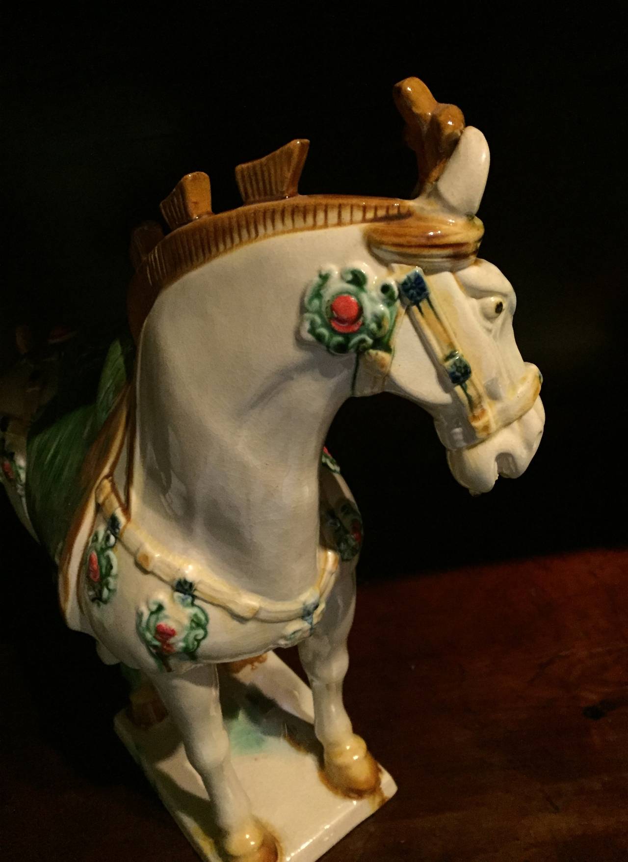 Hand-Painted Tang San Cai Terracotta Horse with Red Dot Decoration For Sale