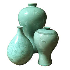 Set of 3 Korean Celadon Vases, Signed