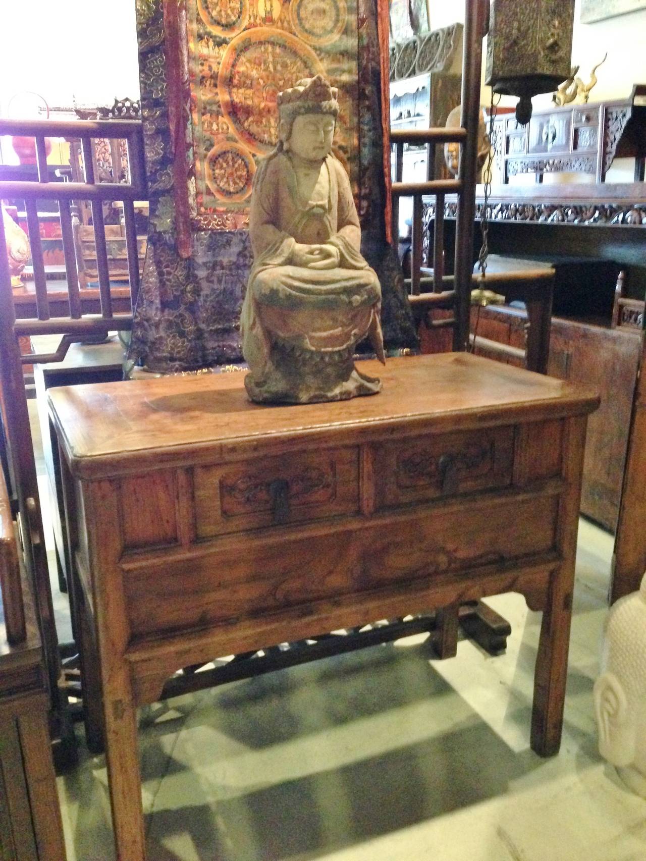Chinese Antique Natural Elm Console Table with Dragons, 19th Century 2