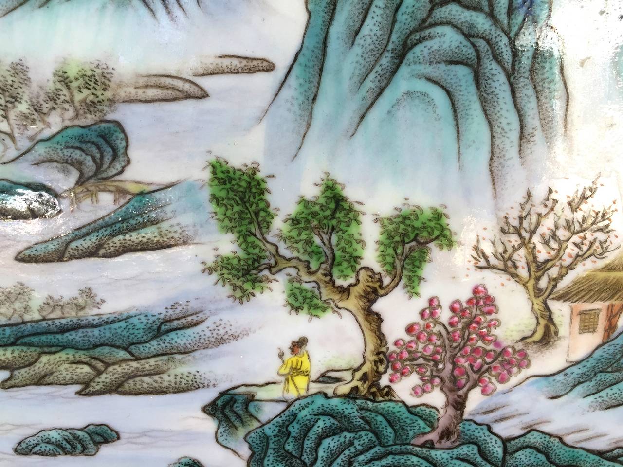 Large Chinese Landscape Tile Painting, Republic Era, Wang Ye Ting Style