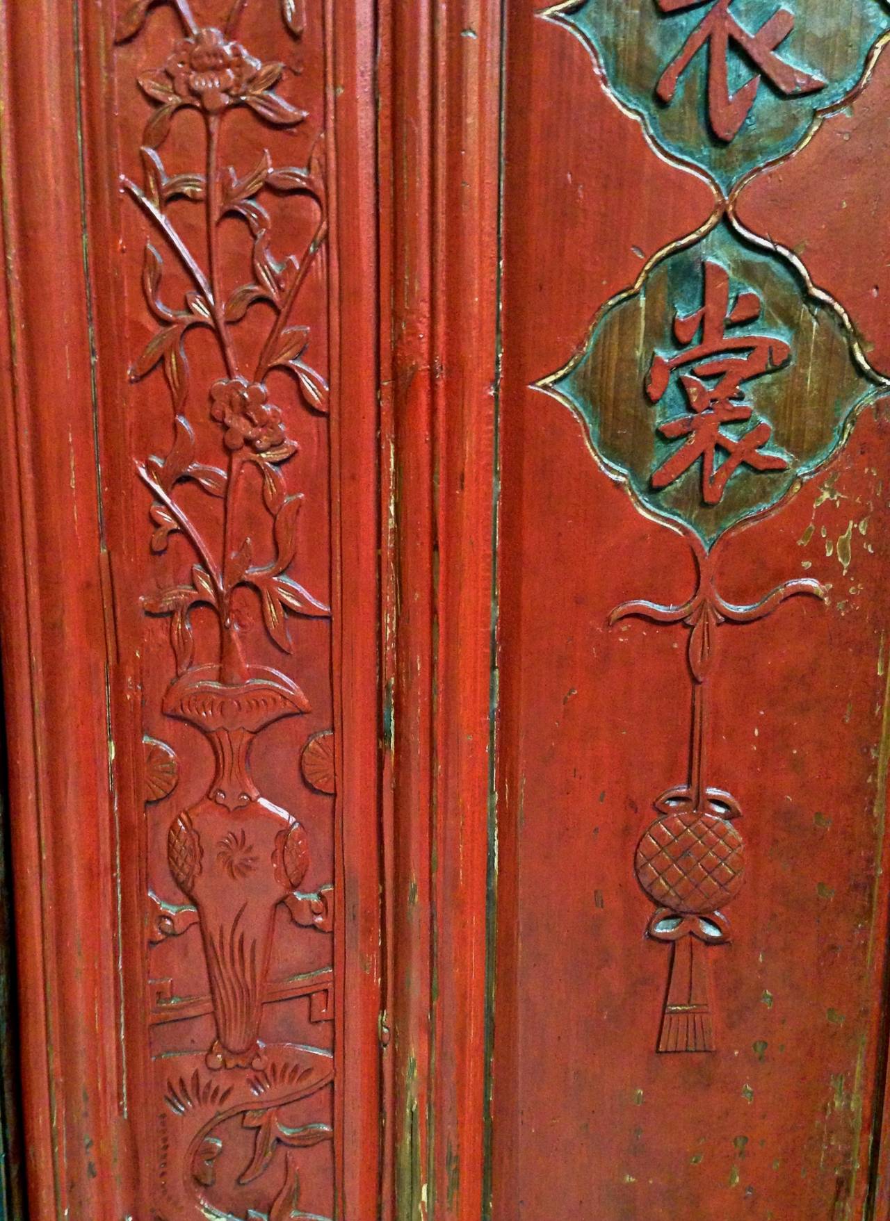 Hand-Carved Antique Red Lacquered Princess Armoire