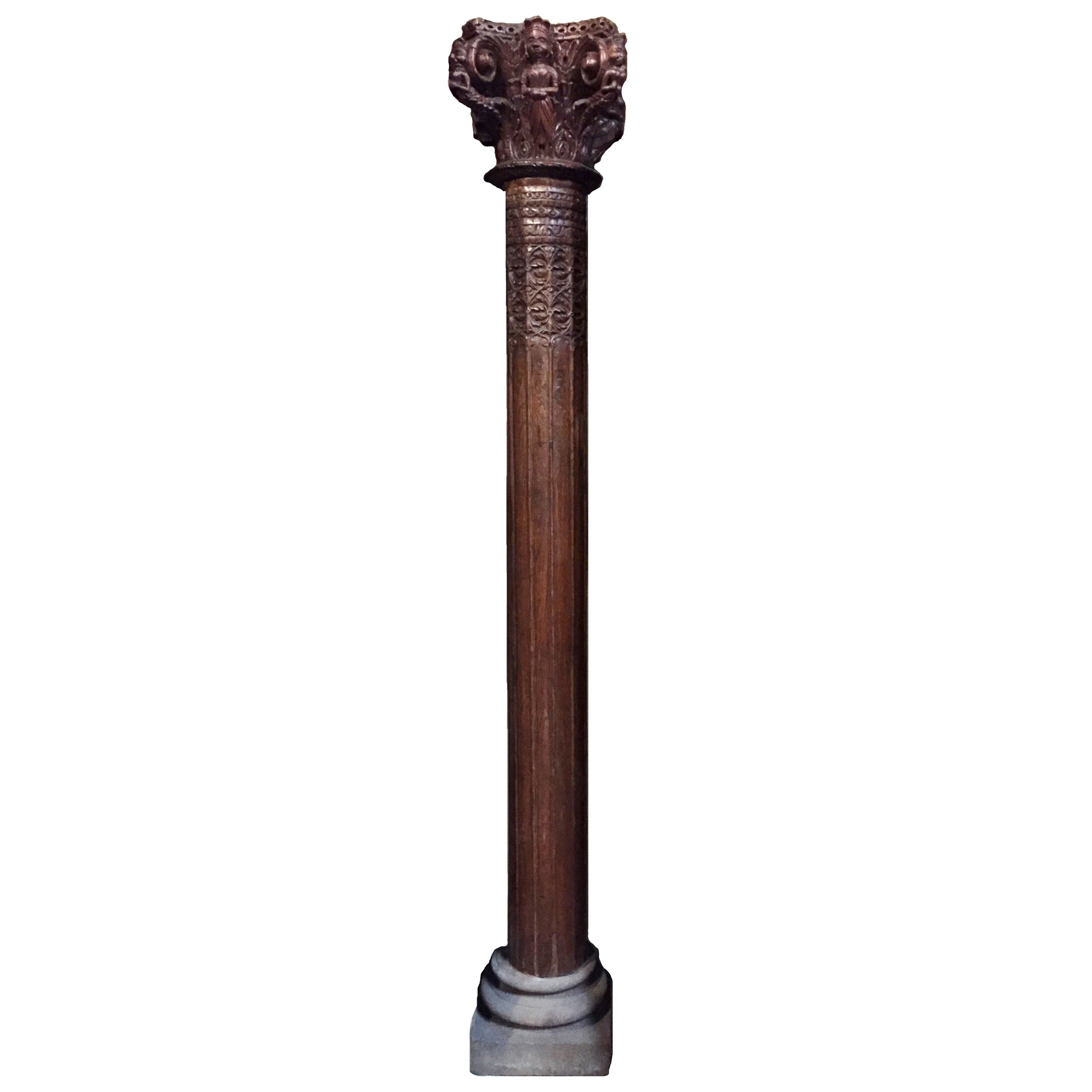 Monumental Antique East Indian Teak Column on Granite Base For Sale