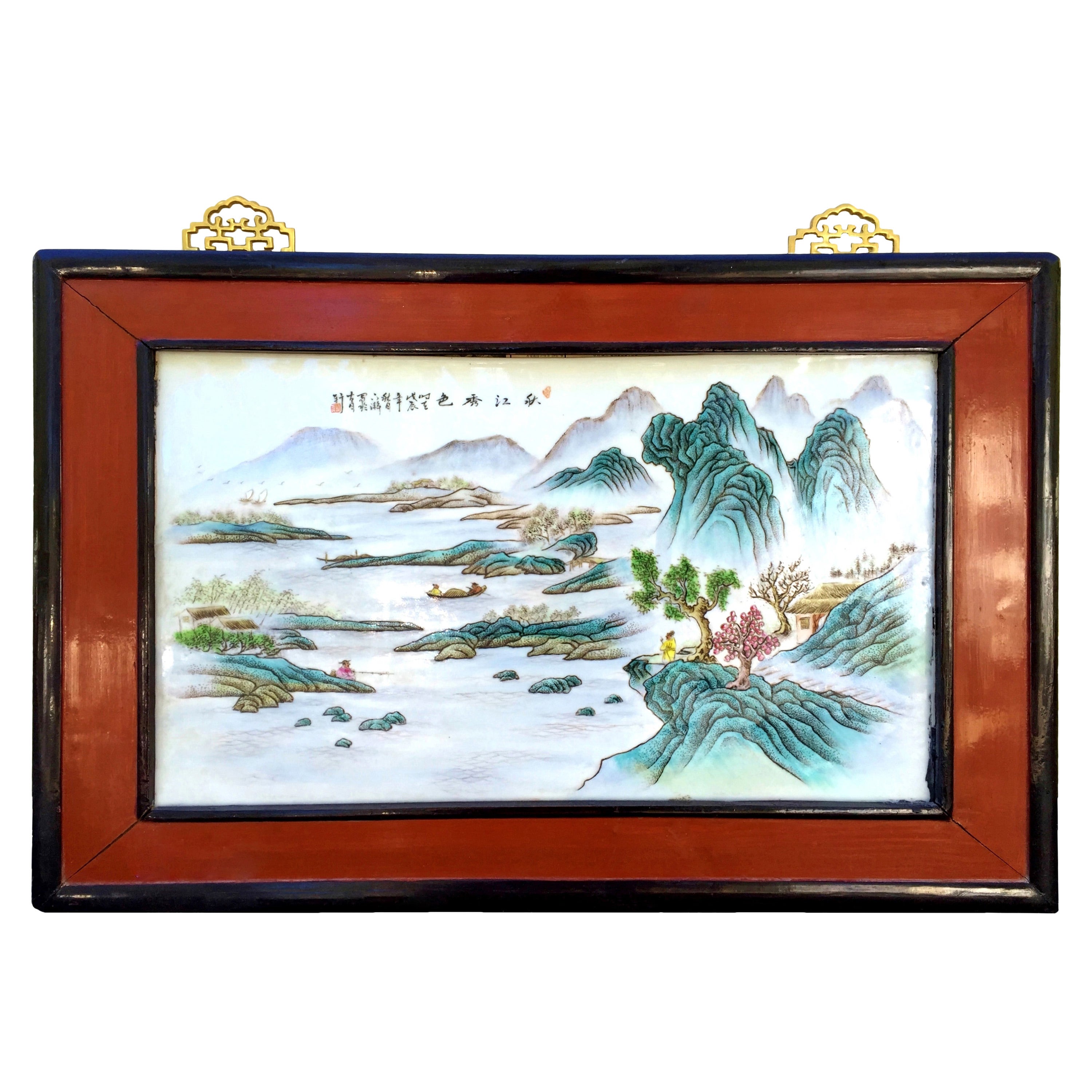 Large Chinese Landscape Tile Painting, Republic Era, Wang Ye Ting Style For Sale