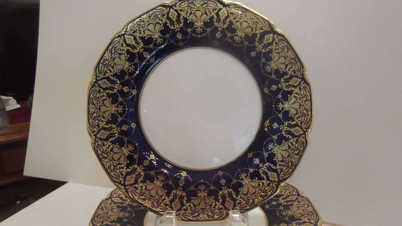 Opulent Set of 12 Cobalt and Raised Gilt Service Plates