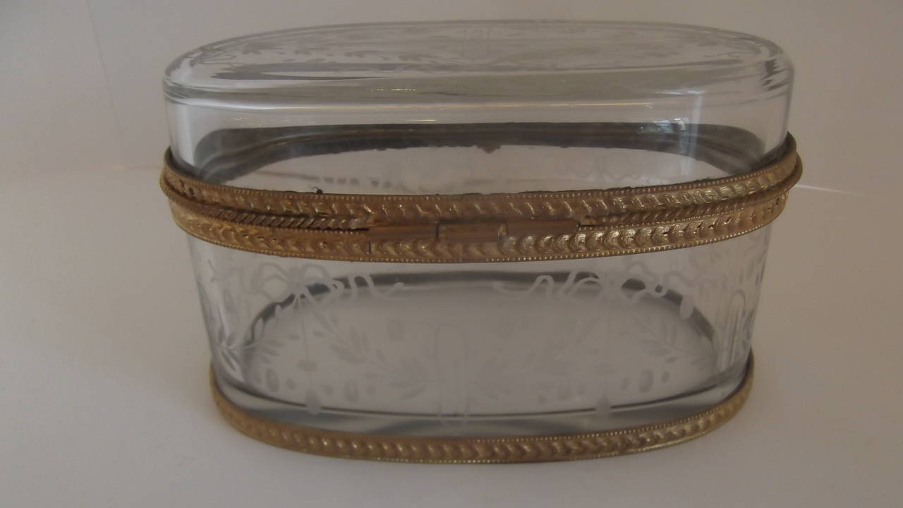 French Engraved Oval Glass Table Box with Ormolu Mounts