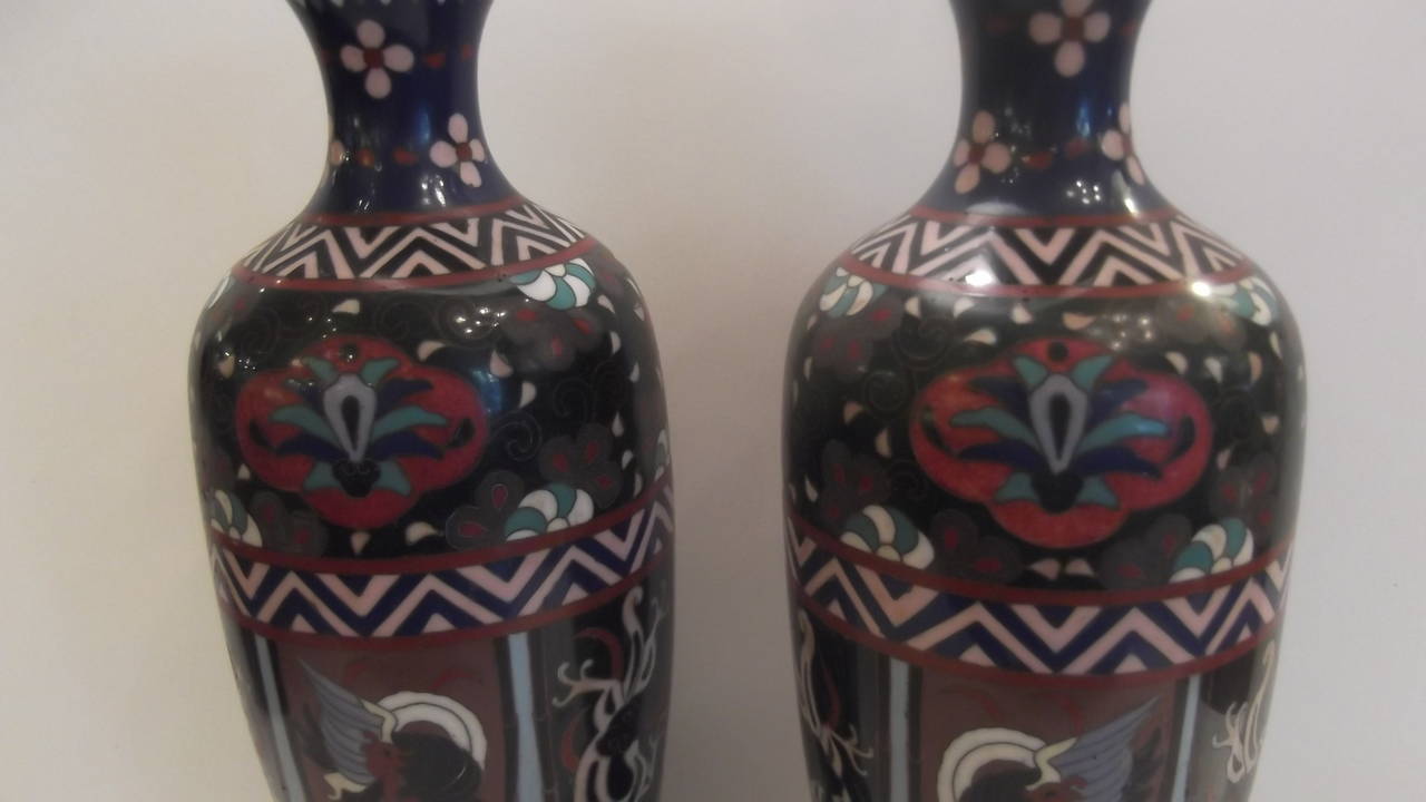 Carved Pair of Meiji Period Japanese Cloisonne Vases with Rosewood Stands