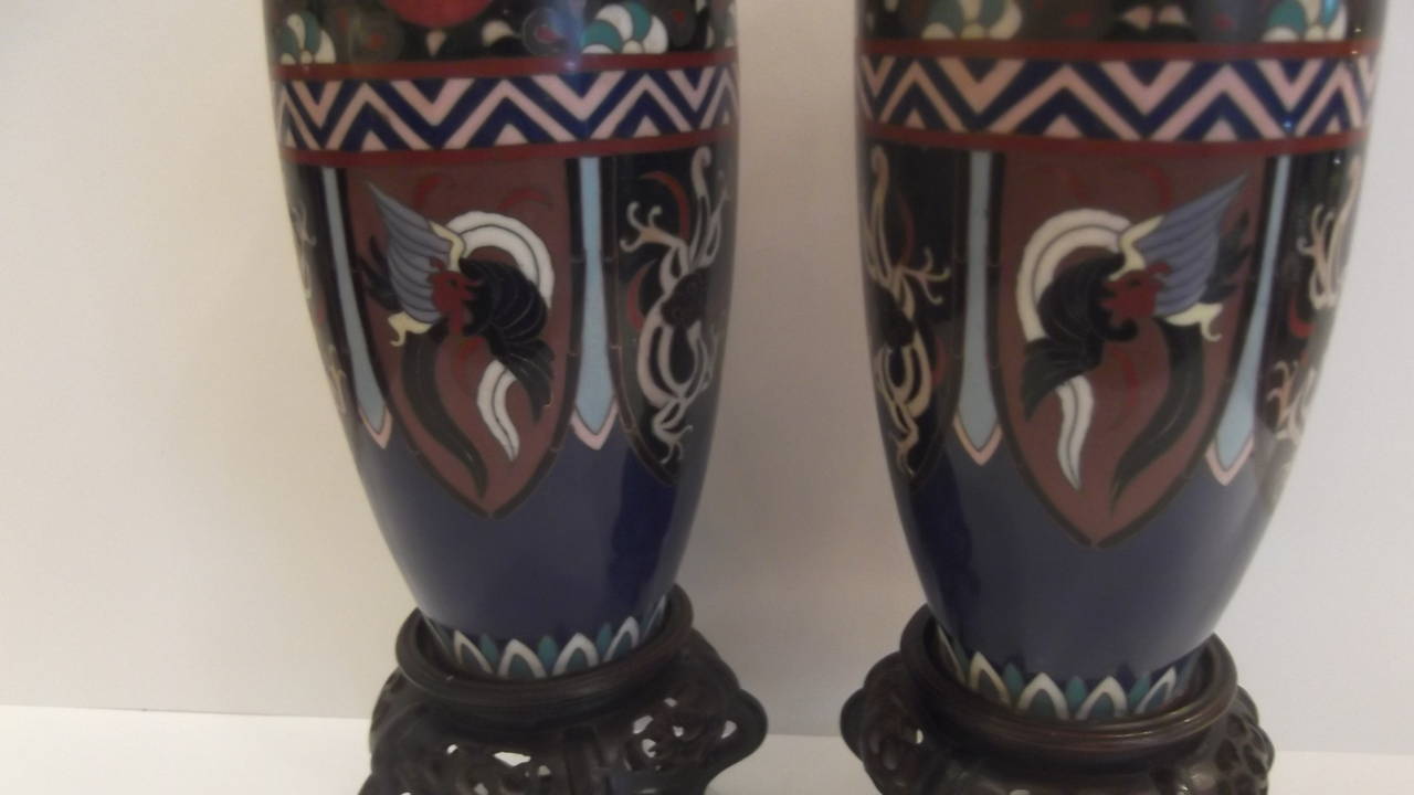 Pair of Meiji Period Japanese Cloisonne Vases with Rosewood Stands In Good Condition In Lambertville, NJ