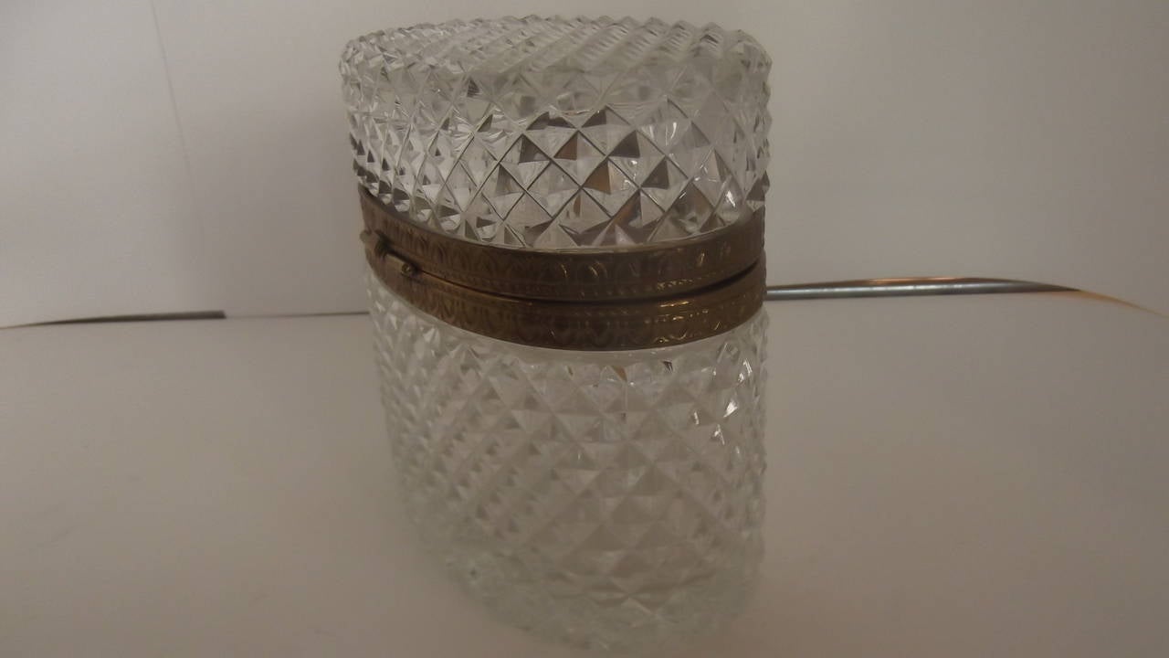 Romantic Oval French Cut-Glass Table Box with Brass Hinged Mount