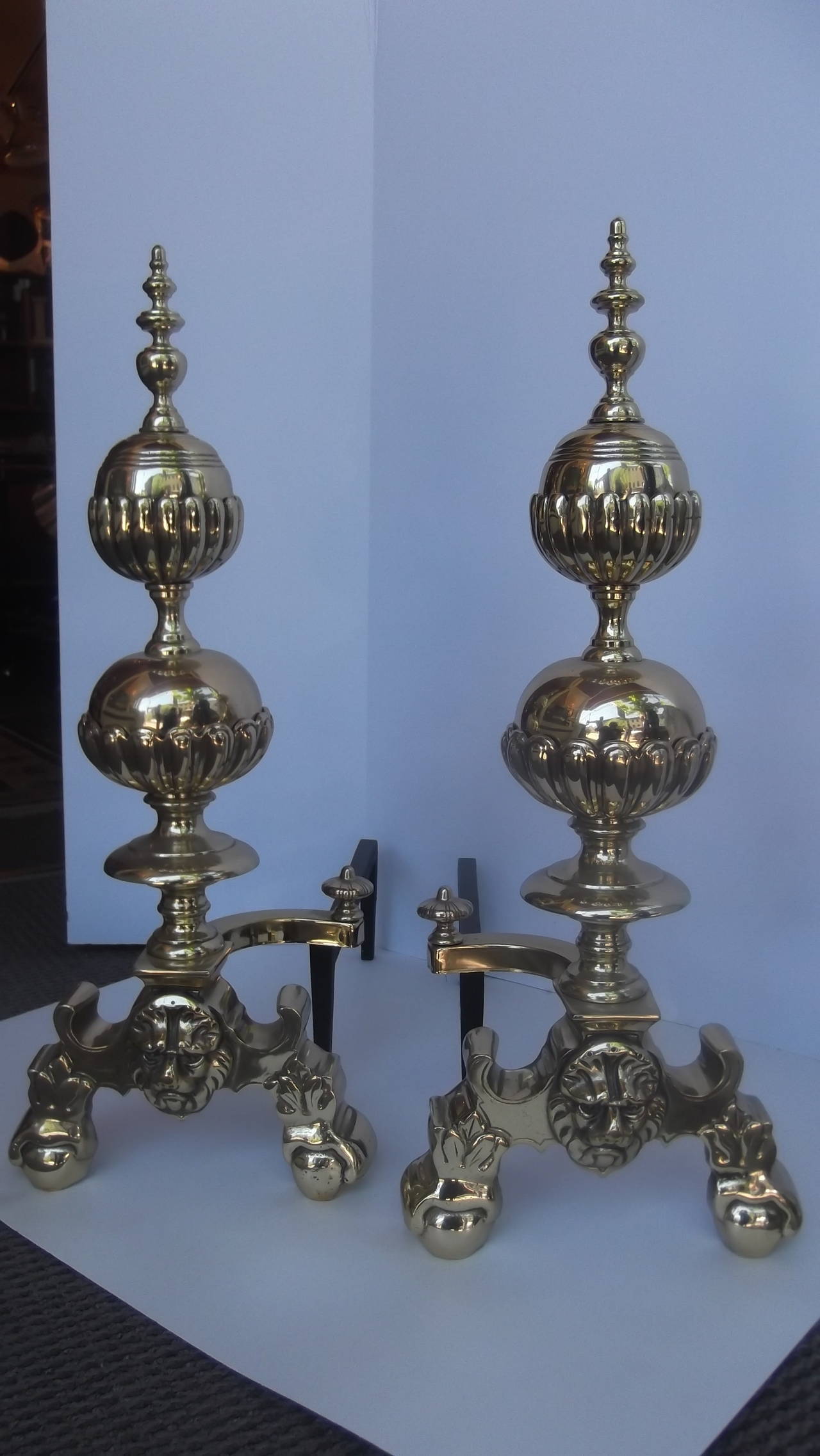 20th Century Pair of Solid Brass Andirons, circa 1900
