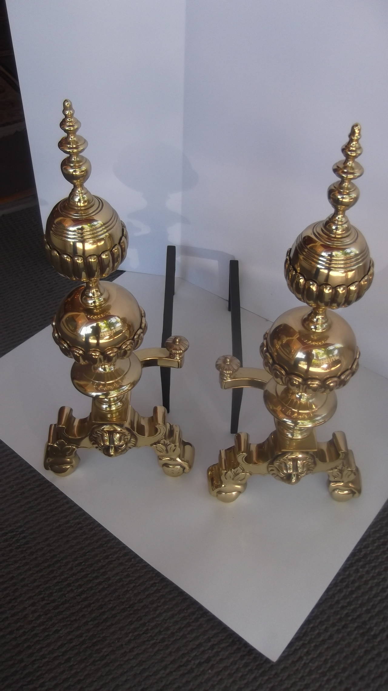 Cast Pair of Solid Brass Andirons, circa 1900