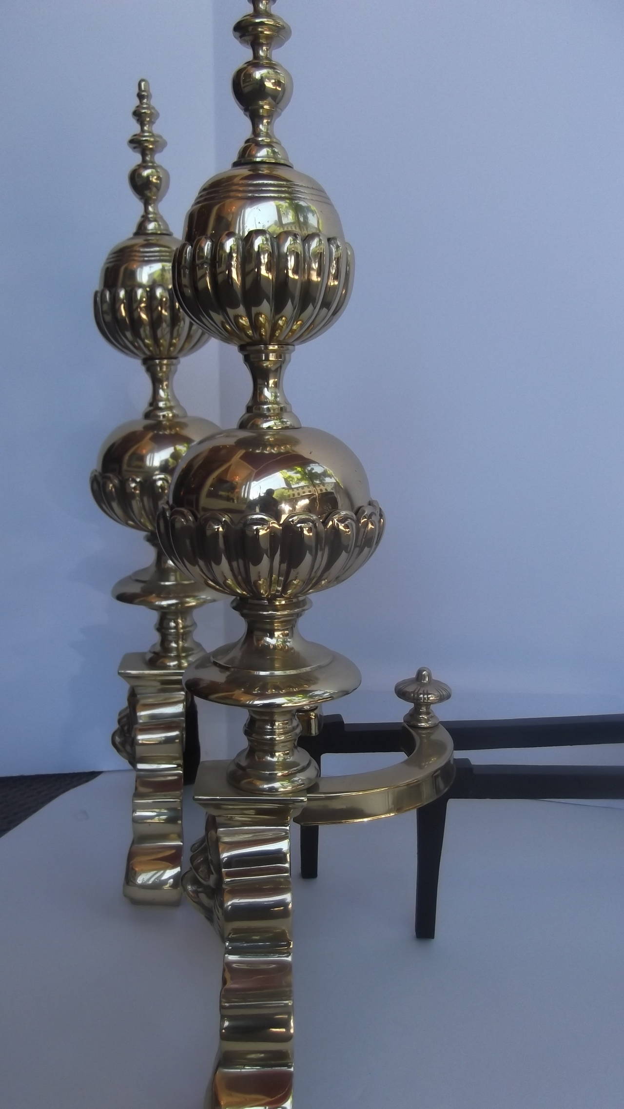 Pair of Solid Brass Andirons, circa 1900 In Excellent Condition In Lambertville, NJ