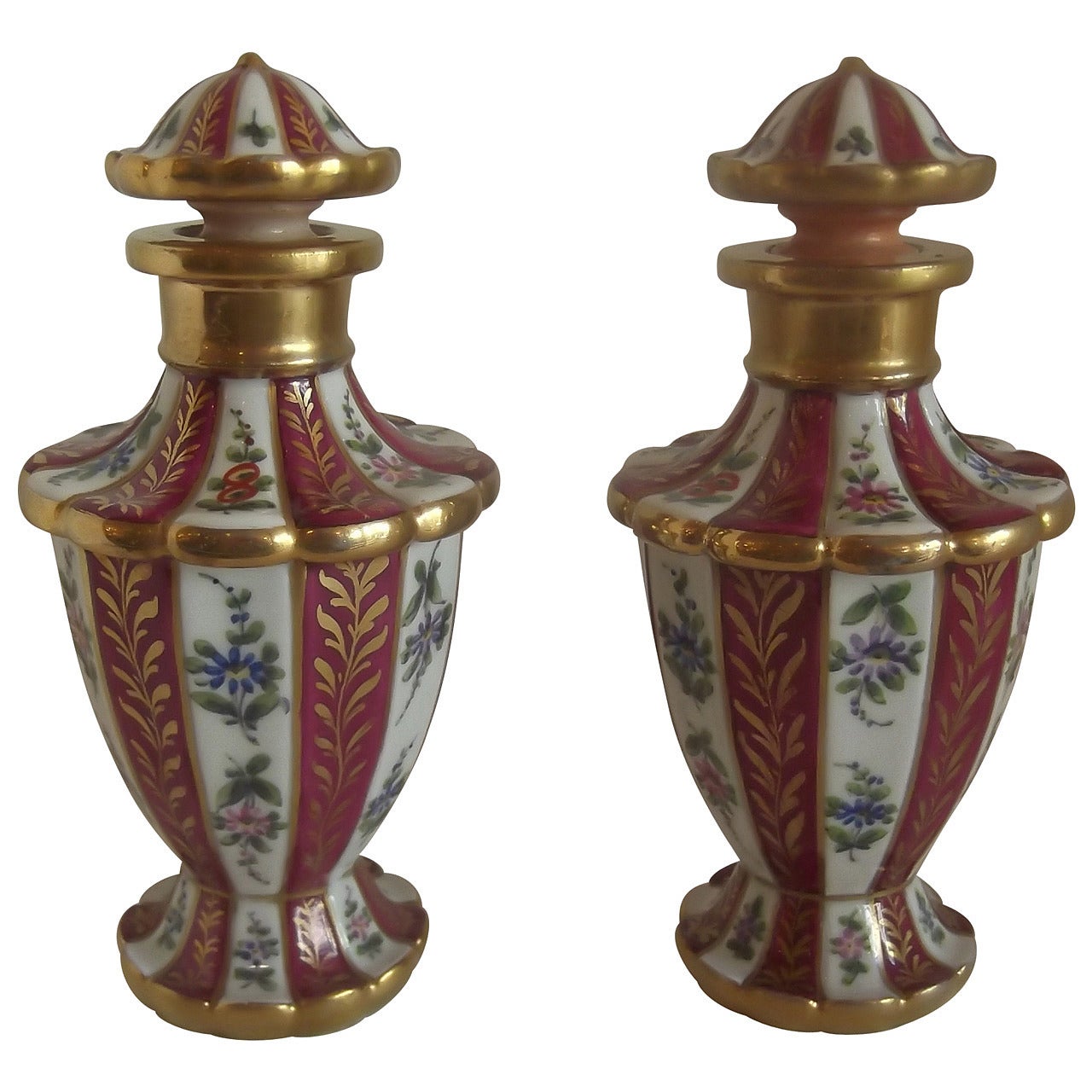 Pair of 18th Century English Hand-Painted and Gilt Porcelain Perfume Decanters