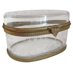French Engraved Oval Glass Table Box with Ormolu Mounts
