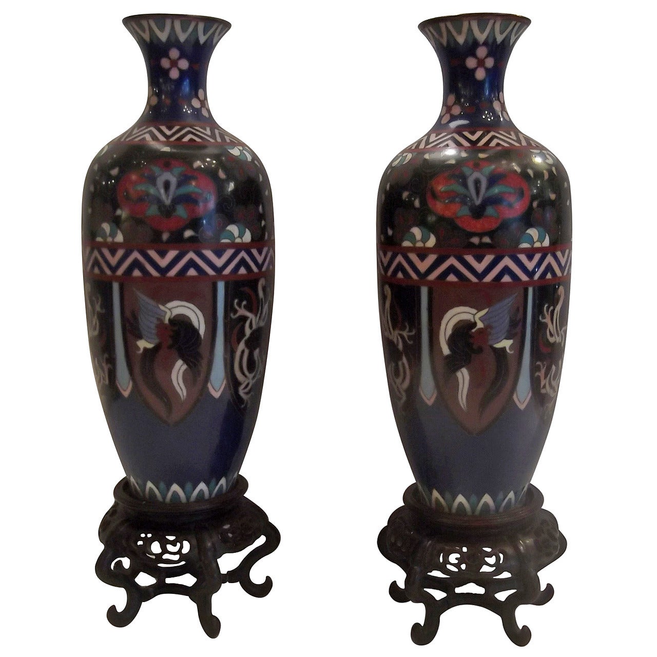 Pair of Meiji Period Japanese Cloisonne Vases with Rosewood Stands