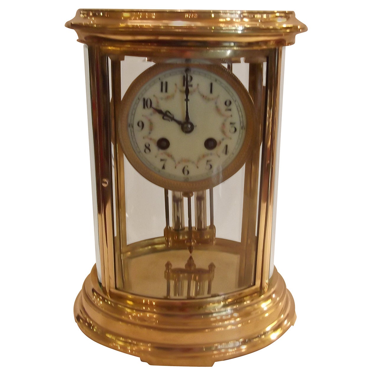 Graceful Oval French Crystal Regulator Clock with Hand-Painted Enamel Face