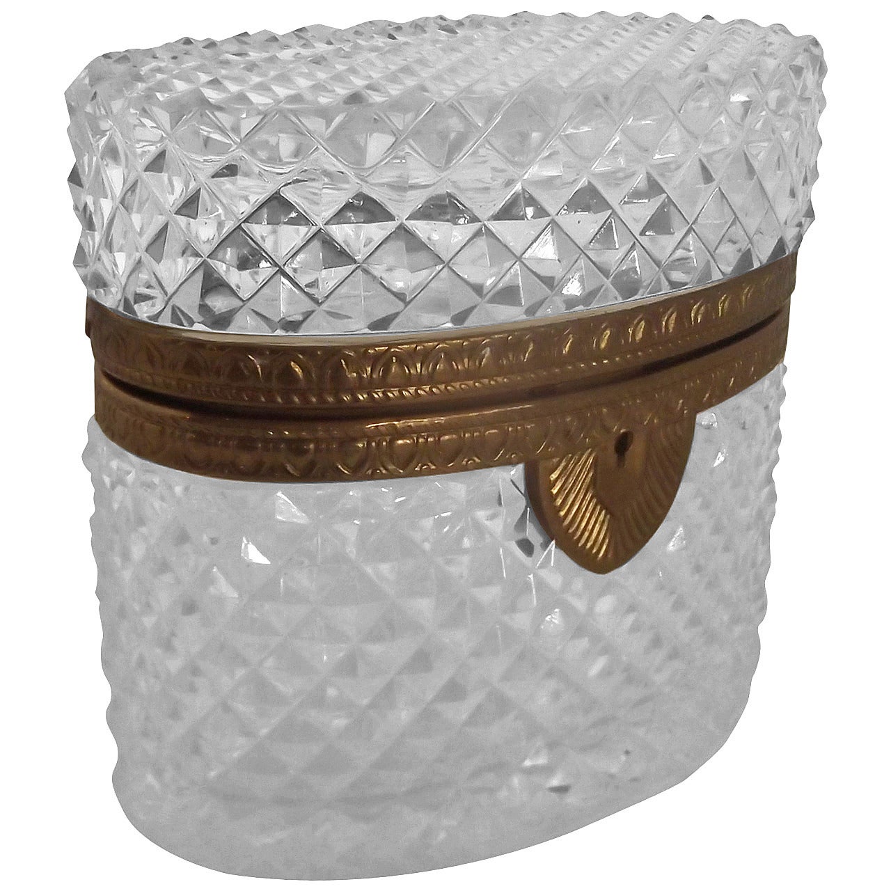 Oval French Cut-Glass Table Box with Brass Hinged Mount