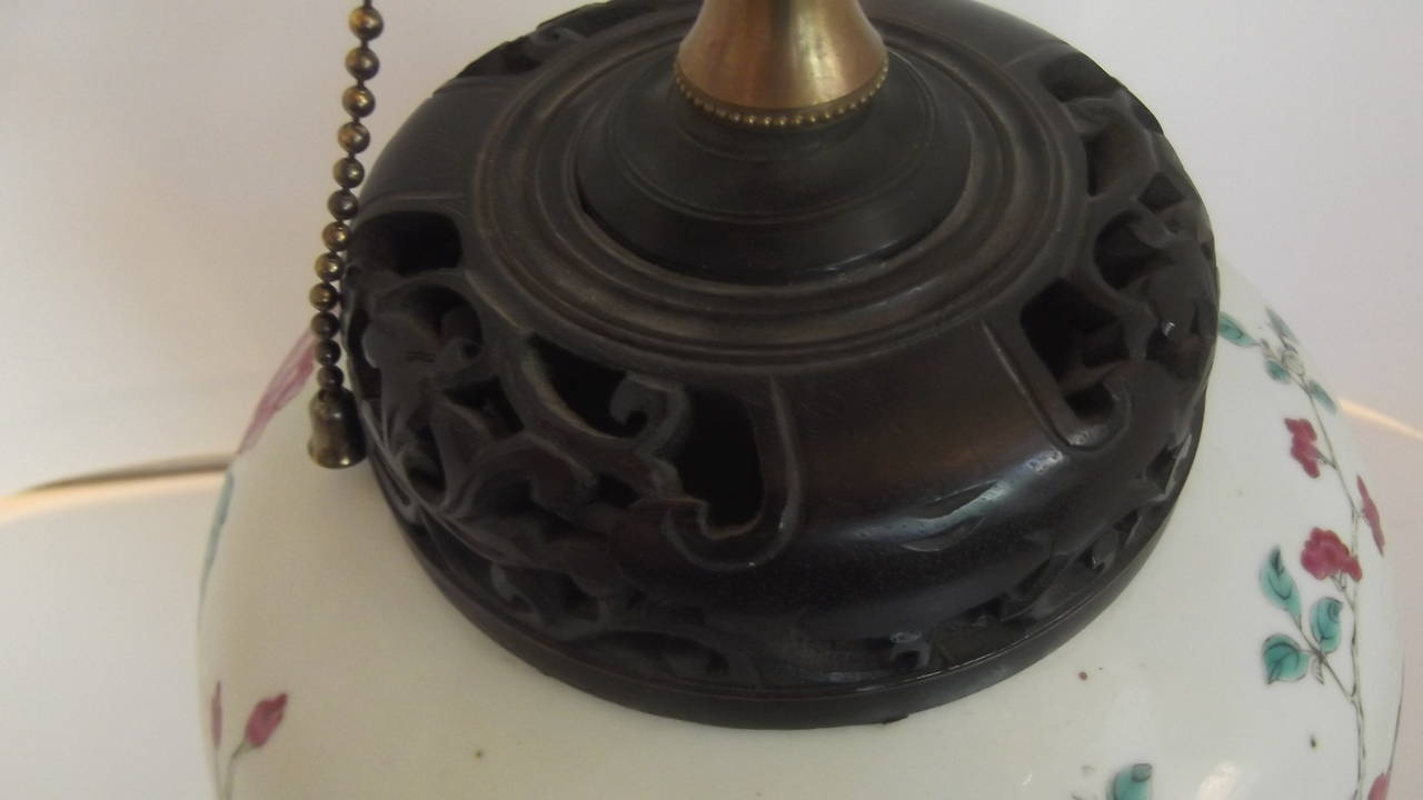 Carved Mid-19th Century Chinese Export Lamp with Silk Shade