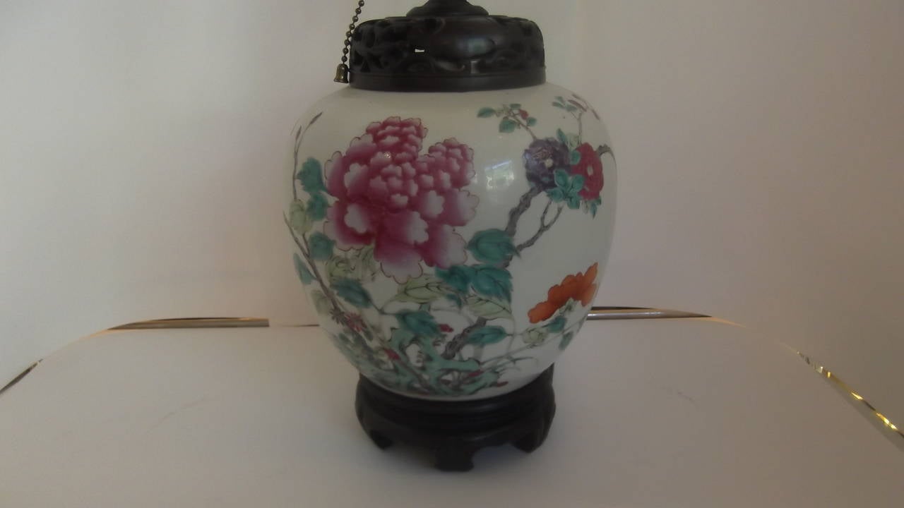 Porcelain Mid-19th Century Chinese Export Lamp with Silk Shade