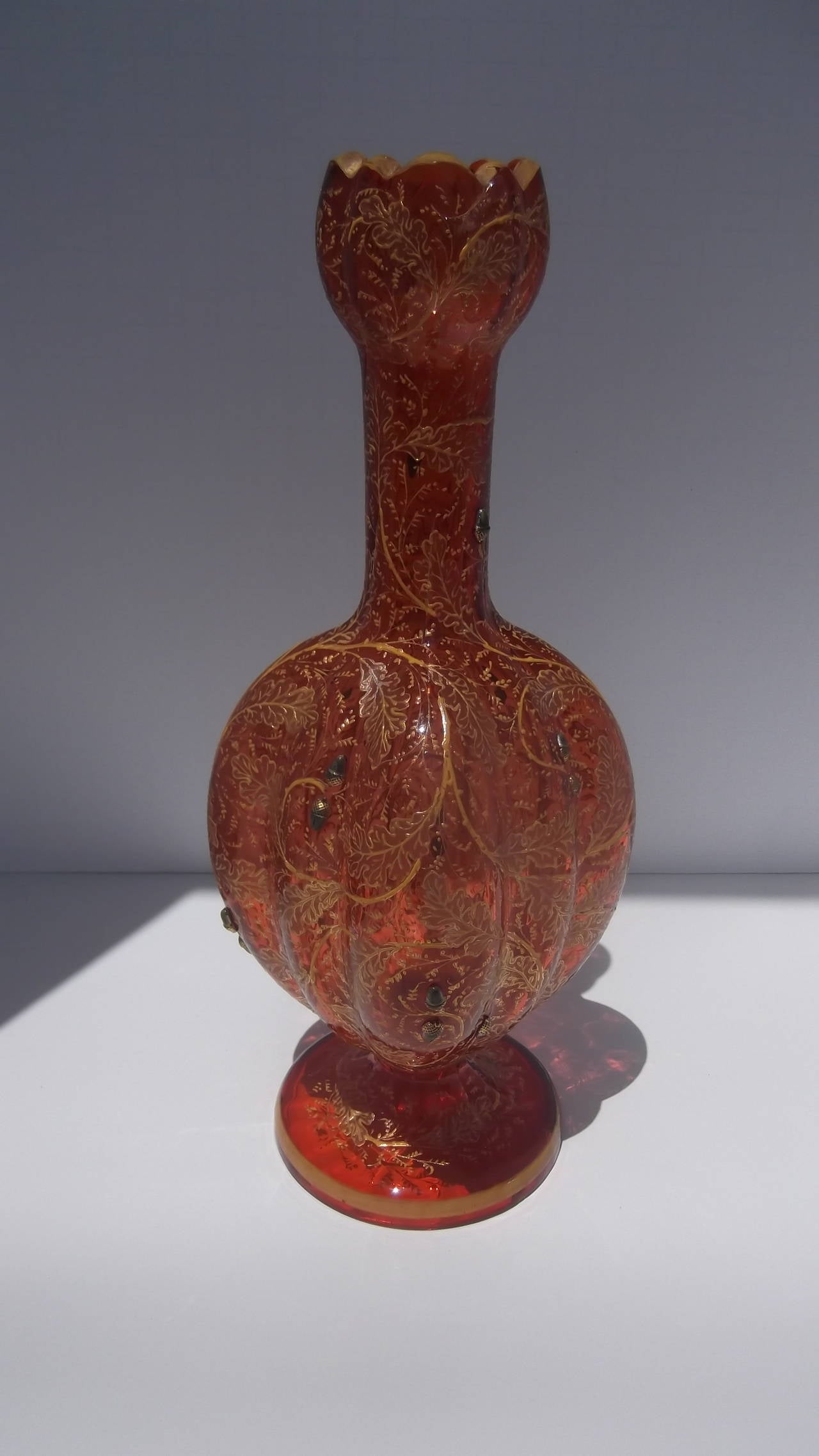 Blown Glass 19th Century Moser Ruby Glass, Hand-Enameld Vase