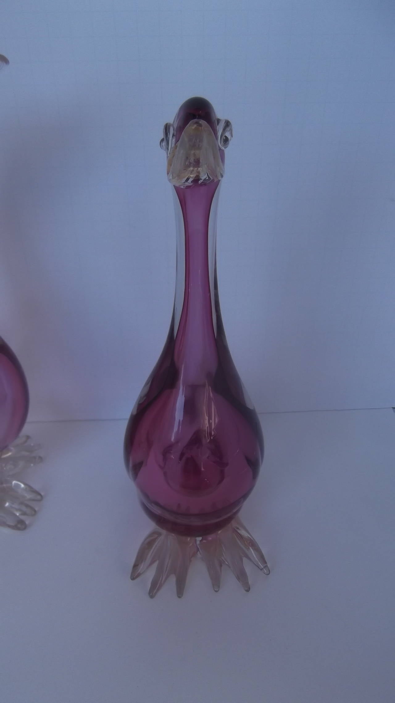 Mid-Century Modern Pair of Magenta Murano Sommerso Glass Geese by Alfredo Barbini, 1960