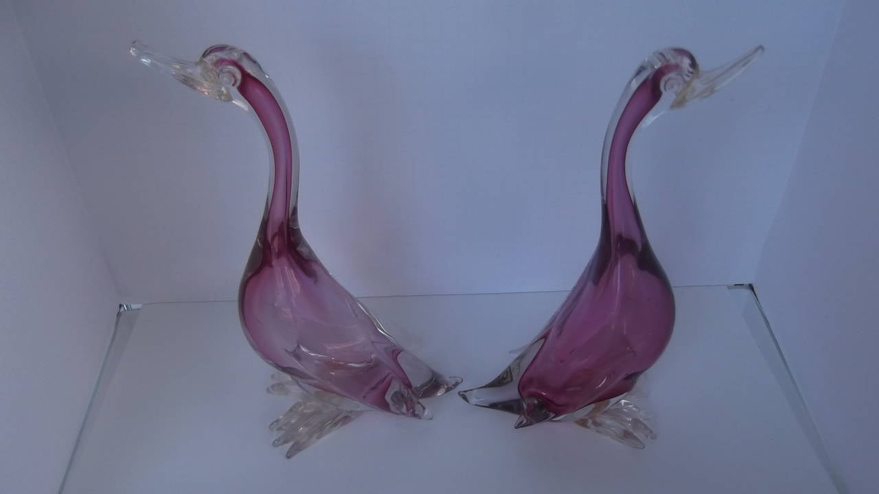 Italian Pair of Magenta Murano Sommerso Glass Geese by Alfredo Barbini, 1960