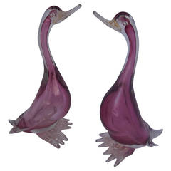 Vintage Pair of Magenta Murano Sommerso Glass Geese by Alfredo Barbini, 1960