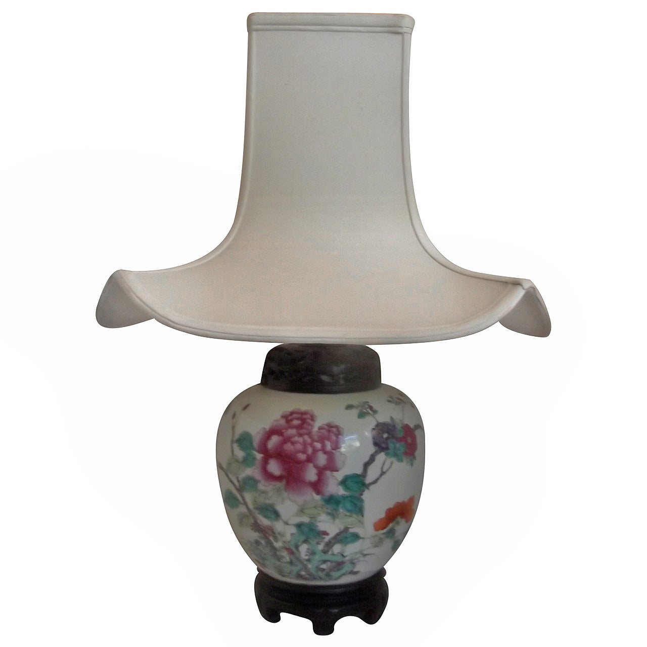 Mid-19th Century Chinese Export Lamp with Silk Shade