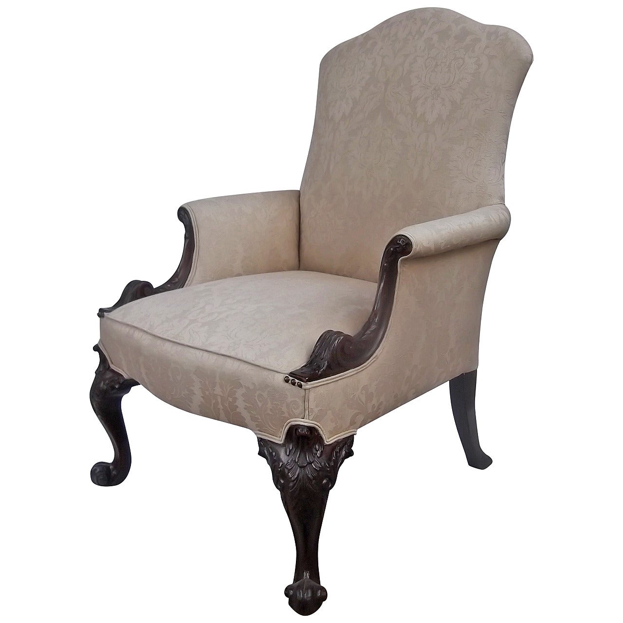 Beautiful Georgian Style English Hand Carved Library Armchair, 19th Century