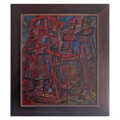 Mid-Century Industrial Abstract Oil on Canvas Painting 4