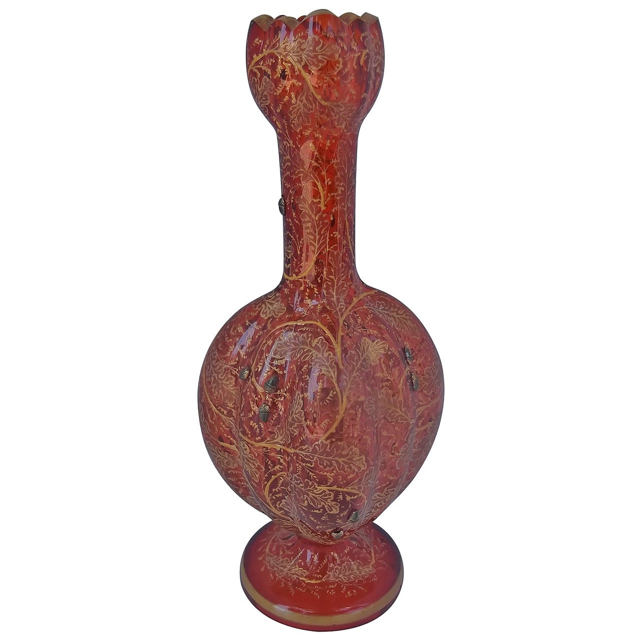 19th Century Moser Ruby Glass, Hand-Enameld Vase