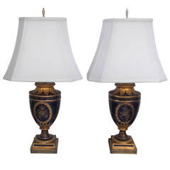 Luxurious Pair of Late 19th Century Cobalt Urns Now as Lamps